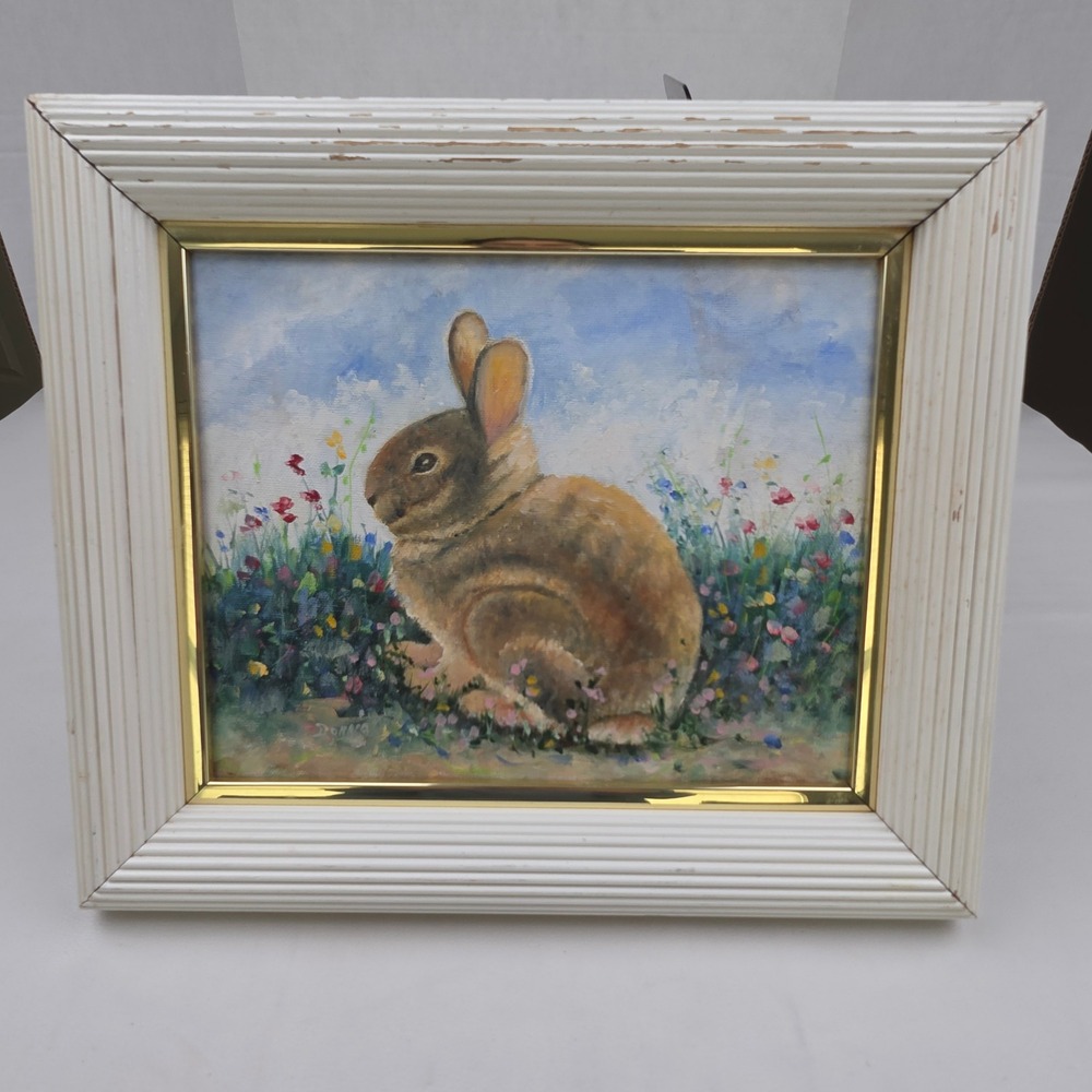 Vintage Rabbit Bunny Original Oil Painting Floral Signed Framed Cottagecore